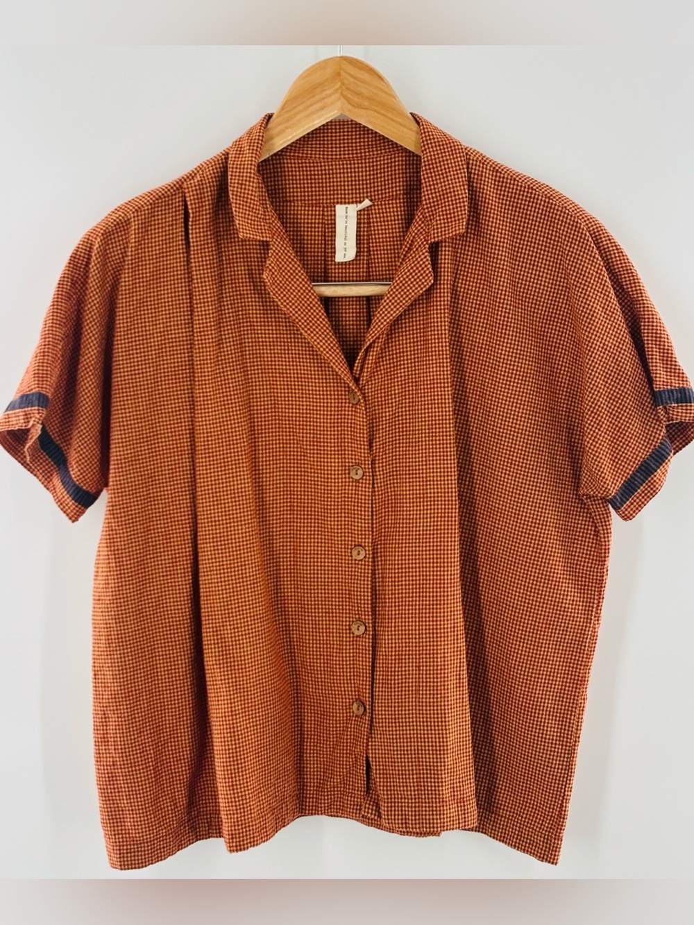 World of Crow Madras Checkered Button-Up Orange Short Sleeve Blouse Women’s L
